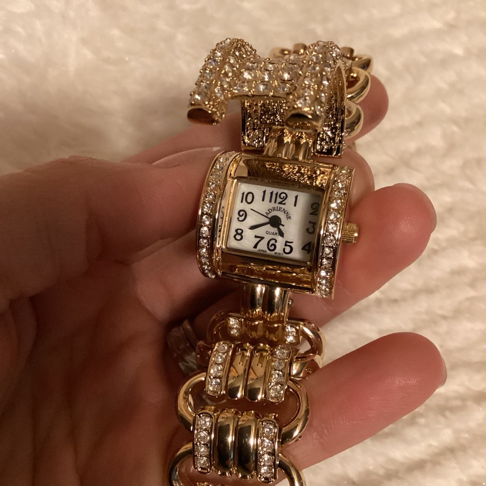 ADRIENNE Gold Tone Rhinestone Rare Flip Cover Face Bling Watch Untested - Picture 5 of 6